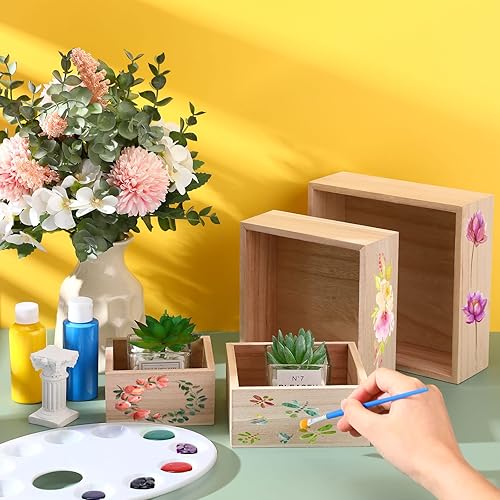 Miniatura 2 de 16 cajas de madera sin terminar, 4 tamaños, caja de madera rústica para manualidades, cajas de madera, centro de mesa de almacenamiento cuadrado