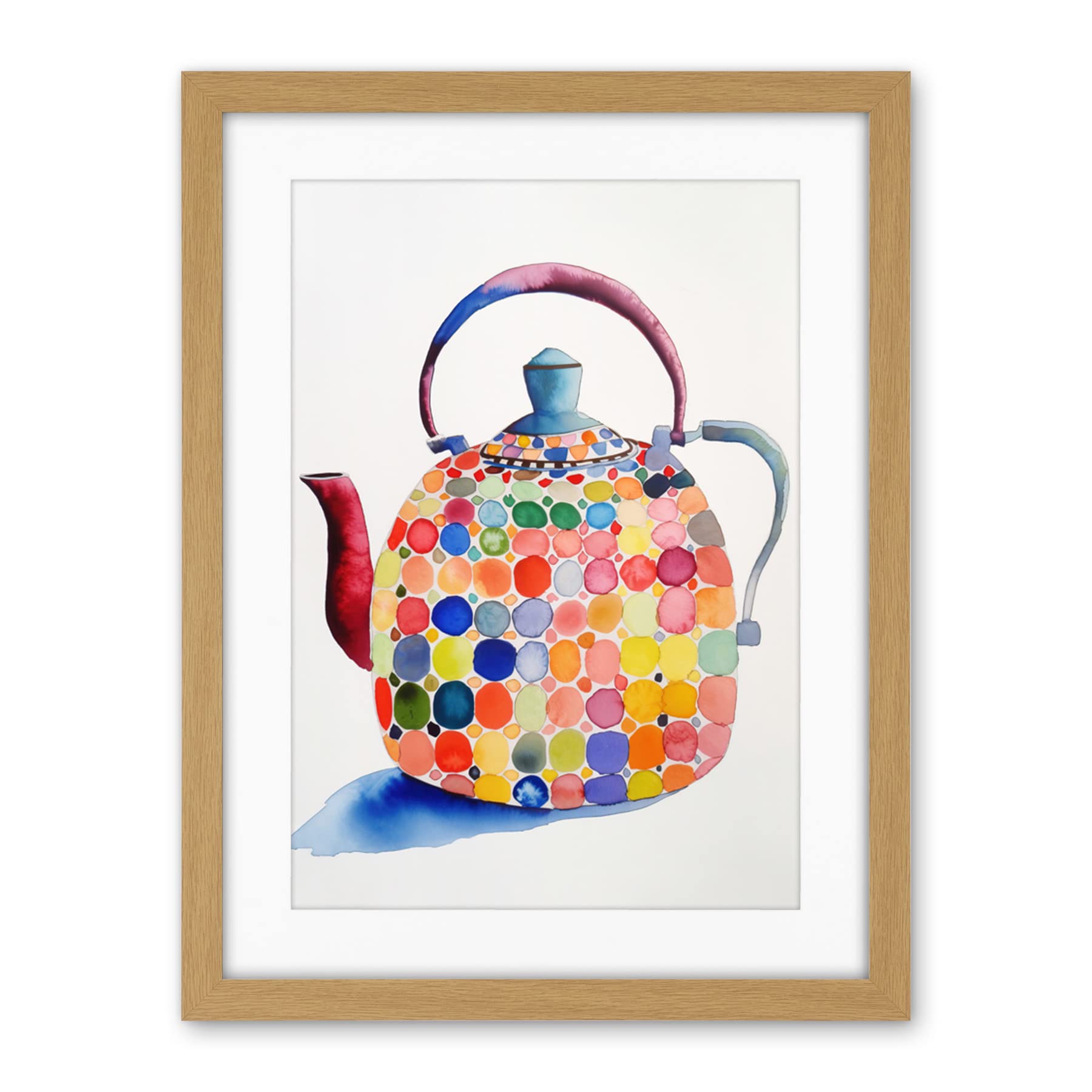 Artery8 Colourful Enamelled Teapot Tea Kettle Folk Art Watercolour Painting Artwork Framed Wall Art Print 18X24 Inch