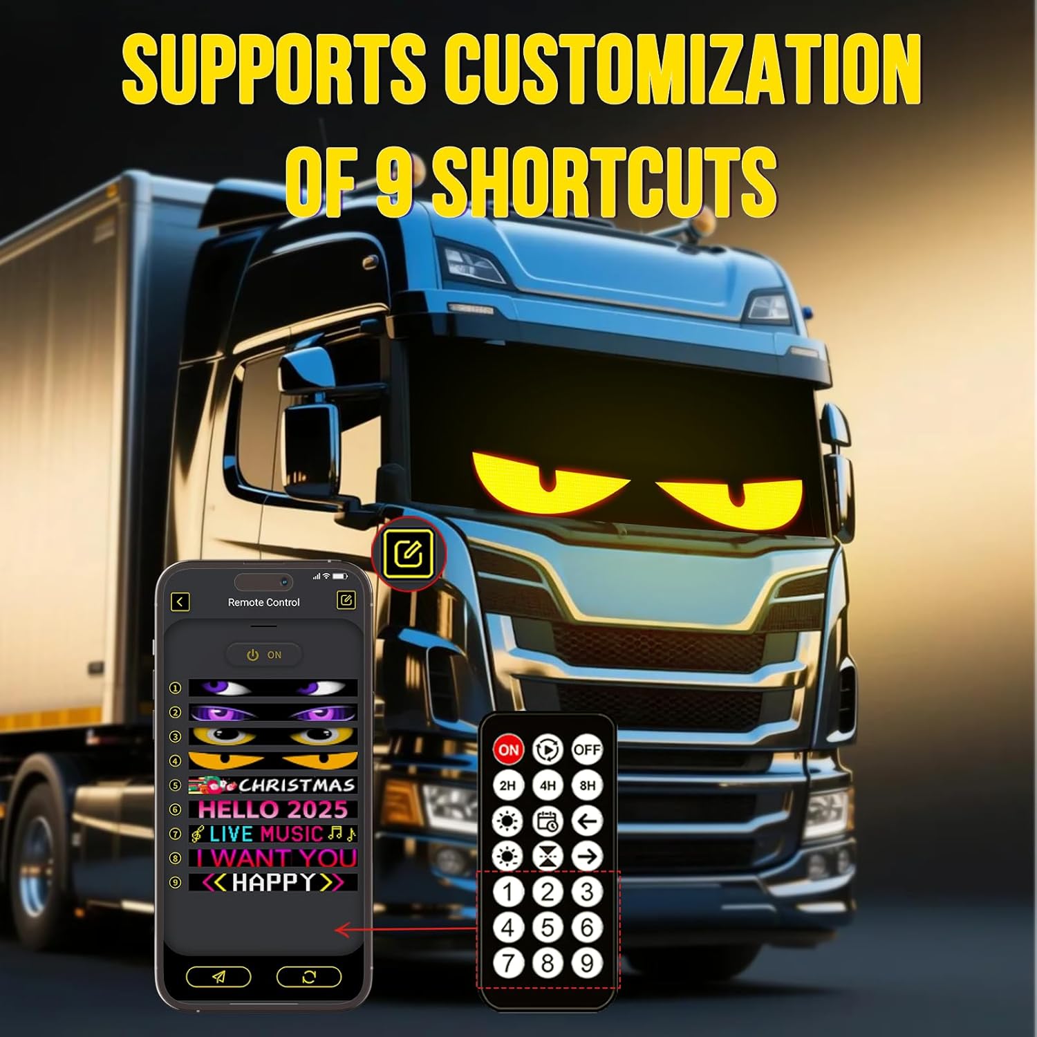 52.4" Large Size Windshield Eyes for Car -Devil Eye Light HCYHNB 5V USB with Customizable APP & Remote Control, Programmable LED Sign for Semi Trucks/Cars (52"x8"-1PC)