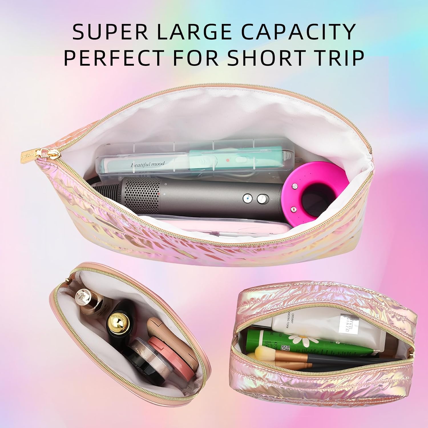 Hiroyuki Iridescent Quilted Makeup Bag, 3pcs Cute Makeup Bag Set, Large Capacity Cosmetic Organizer Travel Toiletry Pouch (plain, pink) - Image 6
