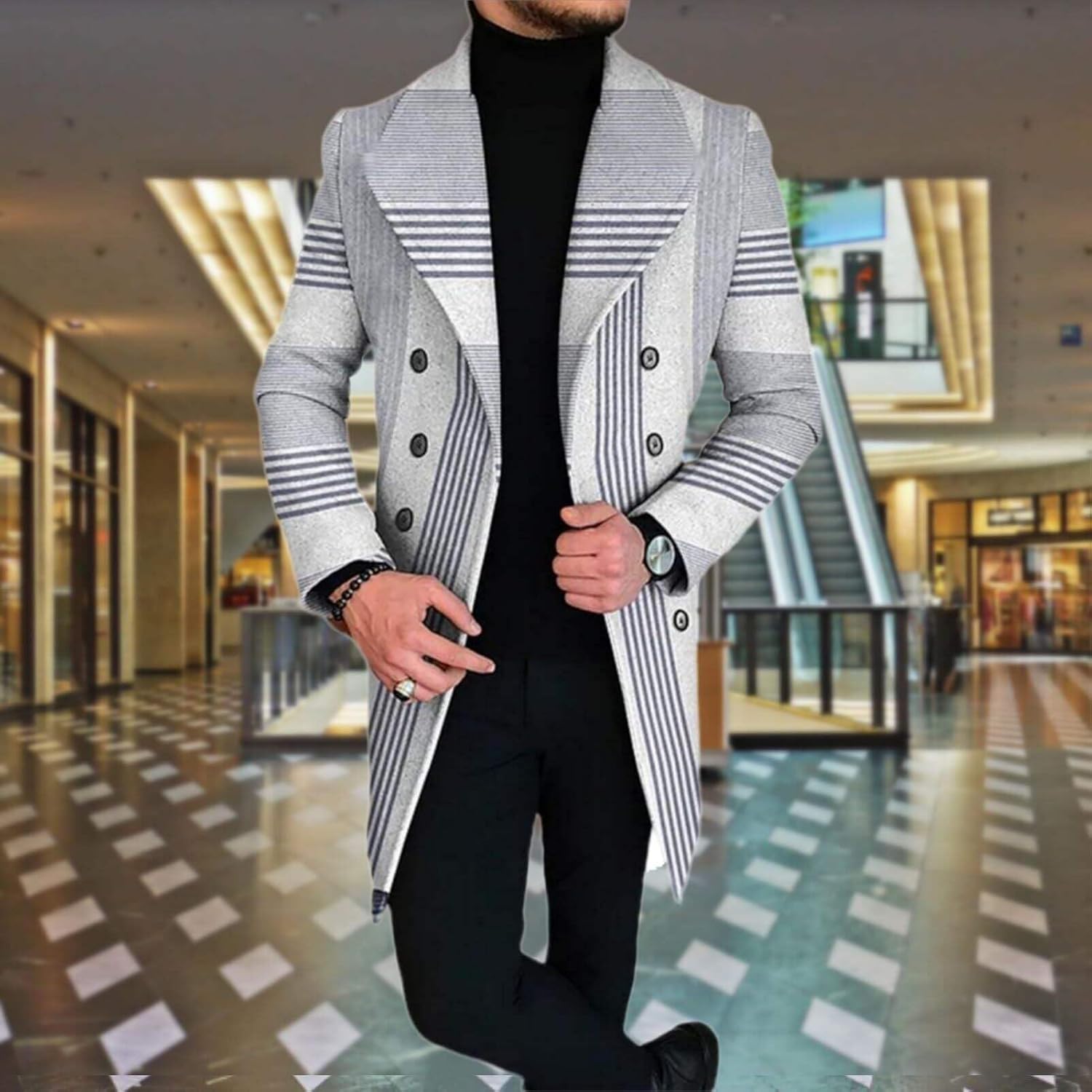 Men's Plaid Long Trench Coat Mid - Length Lapel Collar Button Down Warm Overcoat for Winter & Autumn Fashion - Image 5