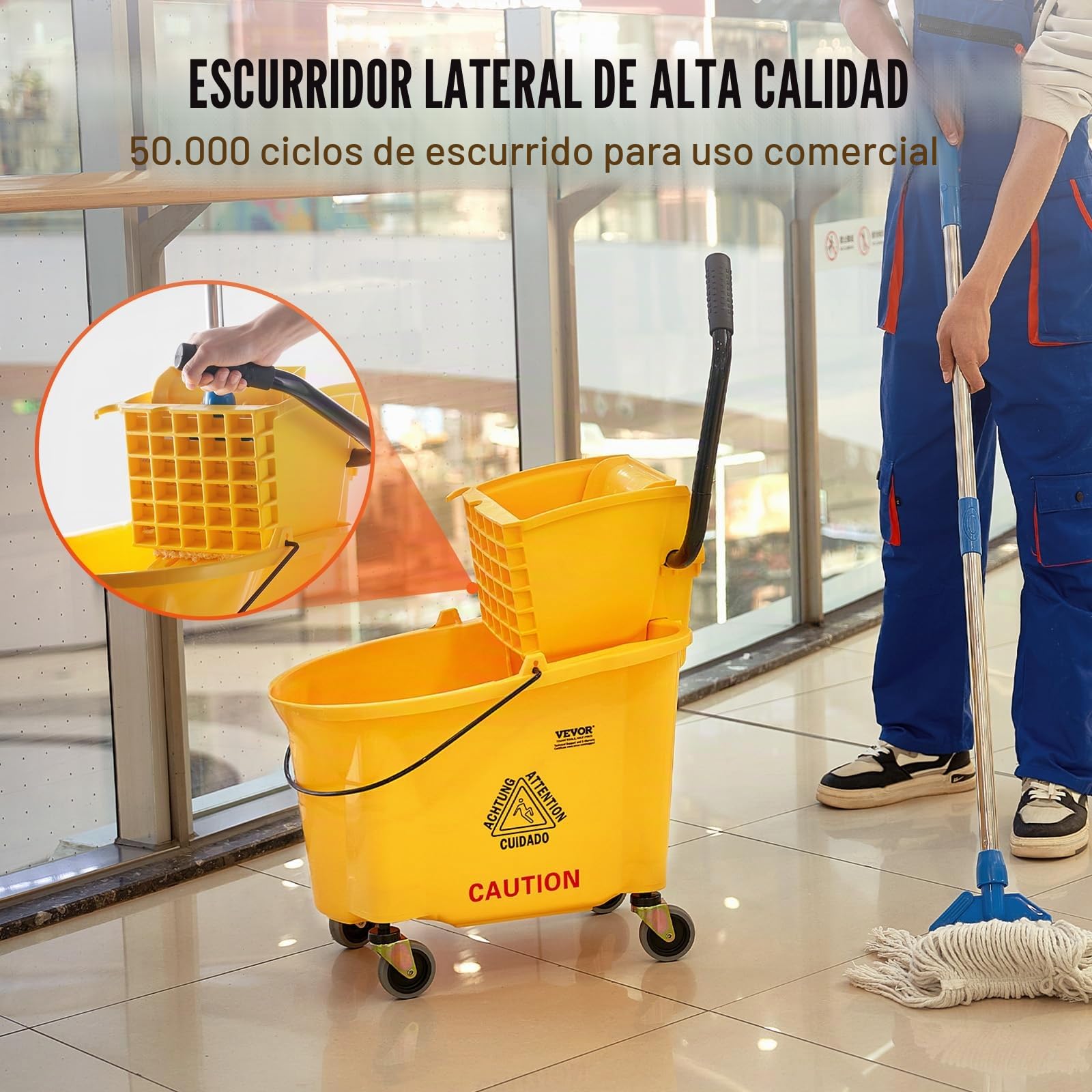 VEVOR Cubo para Trapeador con Escurridor 33L Cubo de fregona con Escurridor de Presión Lateral Cubo de Fregona de Presión Lateral y Escurridor Combinado con Ruedas para Limpieza de Pisos, Amarillo