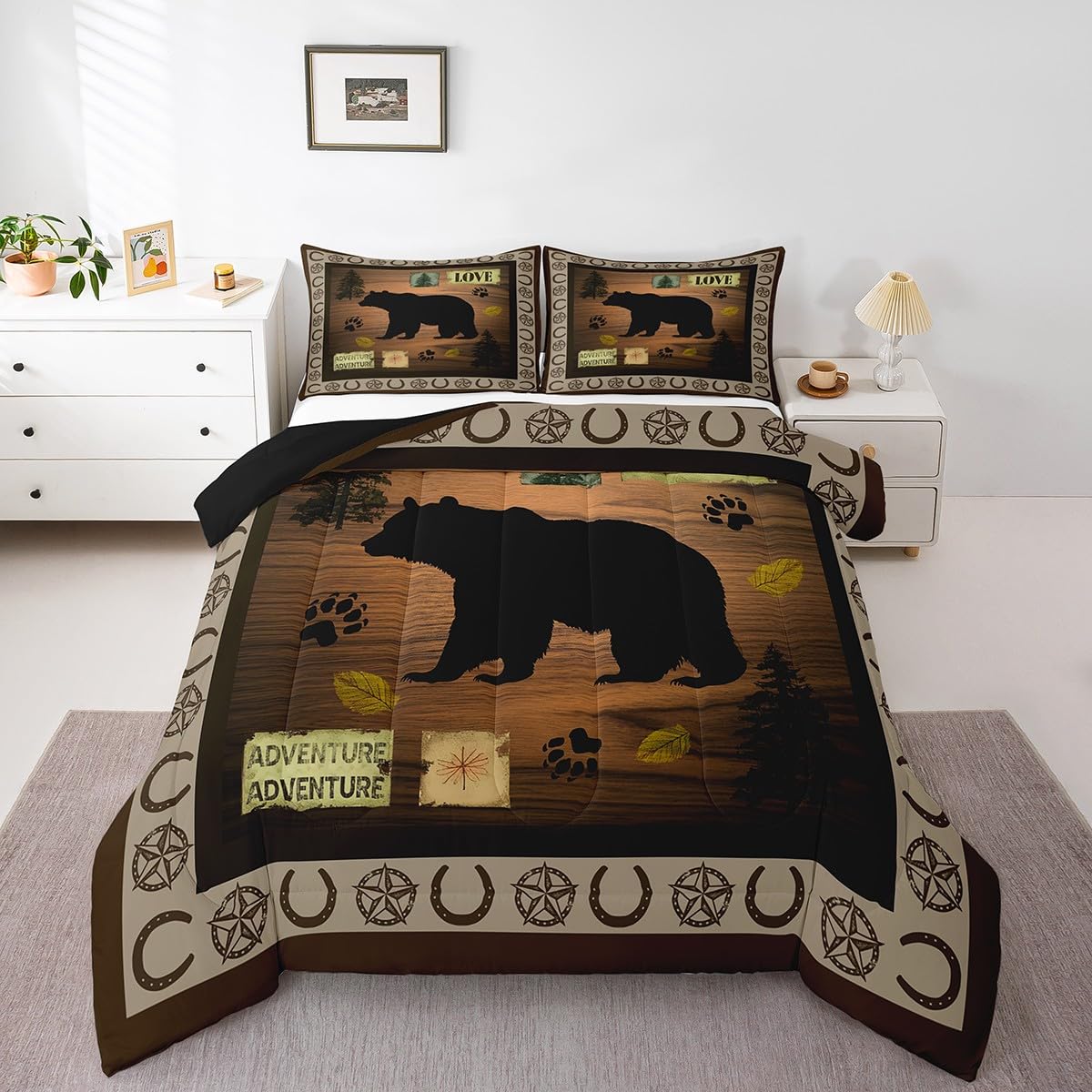 Feelyou Kids Bear Rustic Bedding Set Queen Size, Texas Star Comforter Set Western Farmhouse Comforter for Kids Boys Girls Countryside Duvet Insert Room Decor Microfiber Bed Set
