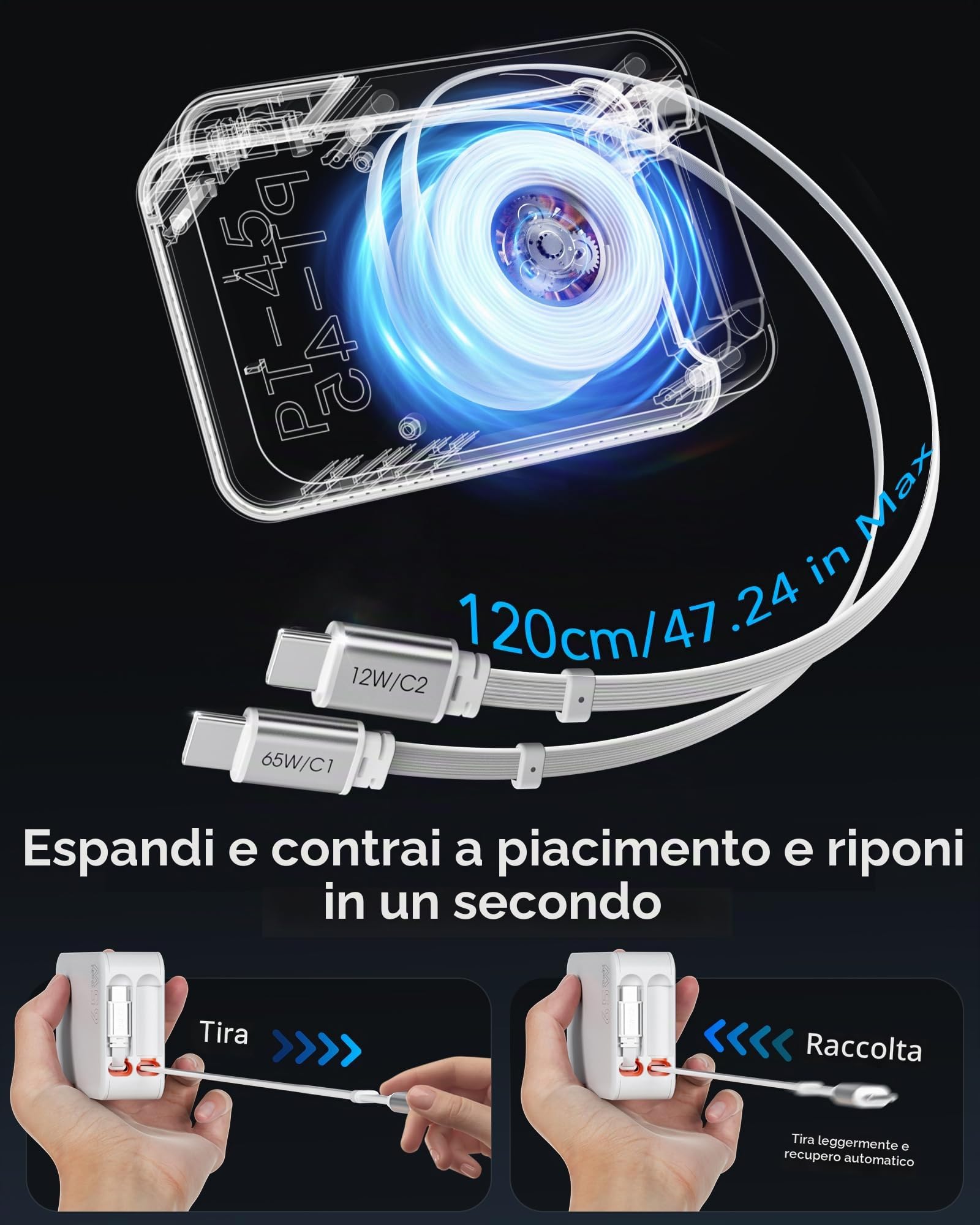 SPGUARD Caricabatterie retrattile 5 in 1, 65 W, con 2 cavi estensibili, 120 cm, USB C GaN, caricatore da parete con cavo doppio tipo C, compatibile con iPhone 17/16/15/14/13/iPad/Galaxy