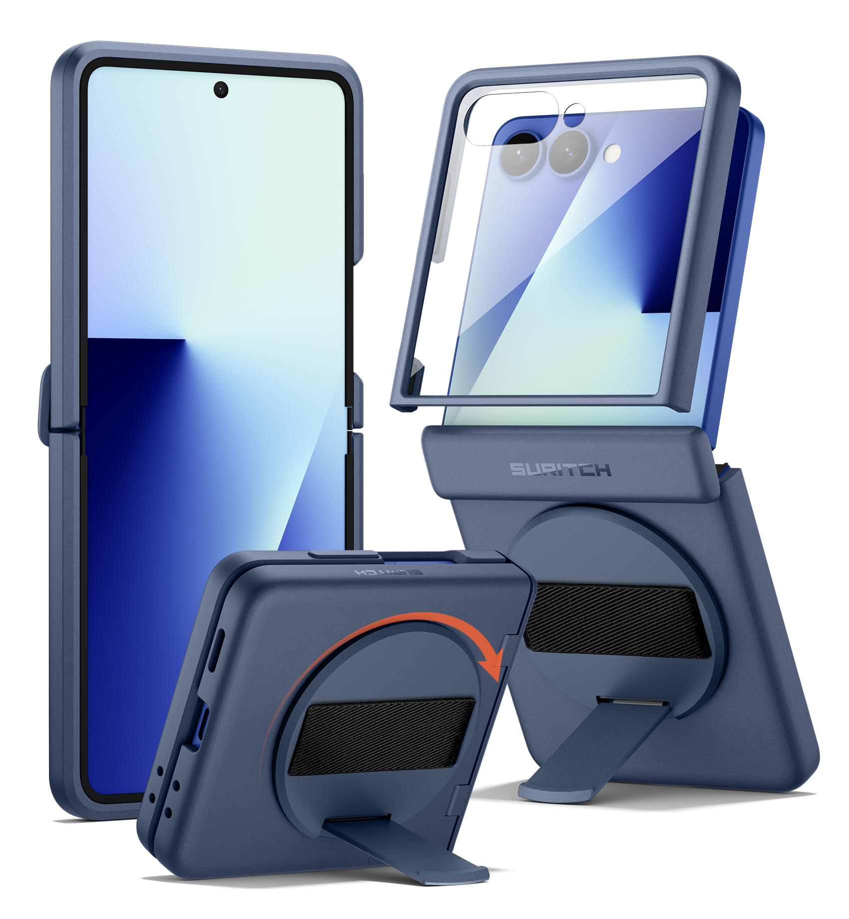 SURITCH for Samsung Galaxy Z Flip7 Case with 360° Rotatable Hand Strap Phone Grip Holder & Invisible Kickstand & Screen Protector, Protective Cover