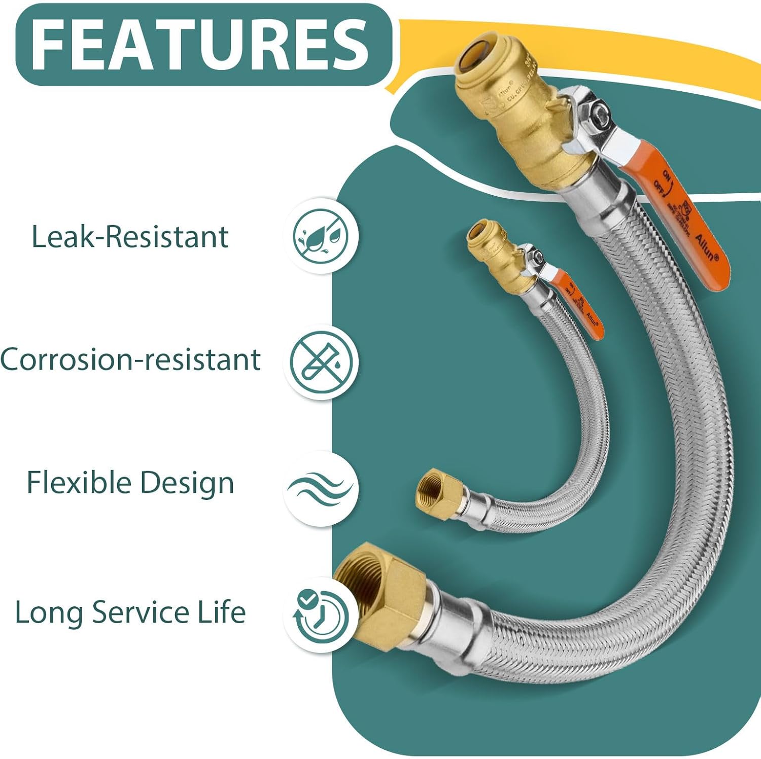 2-PACK Niikappu 12-Inch Stainless Steel Flexible Water Heater Connector, 1/2 Inch Push-fit Ball Valve x 3/4 Inch FIP