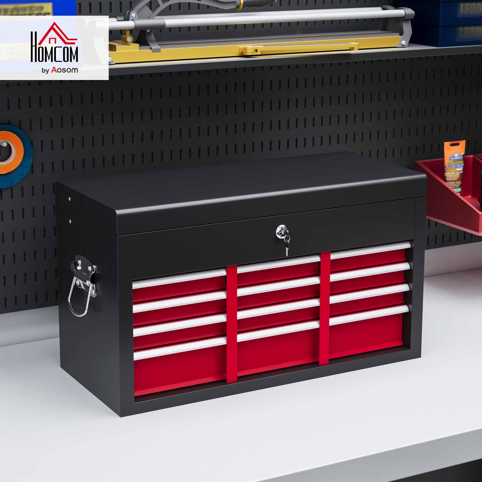 HOMCOM Caja de herramienta resistente, 6 cajones, cierre de metal, asa de transporte, para hogar y taller, negro y rojo | Caja de herramientas de metal para herramientas, hogar, taller