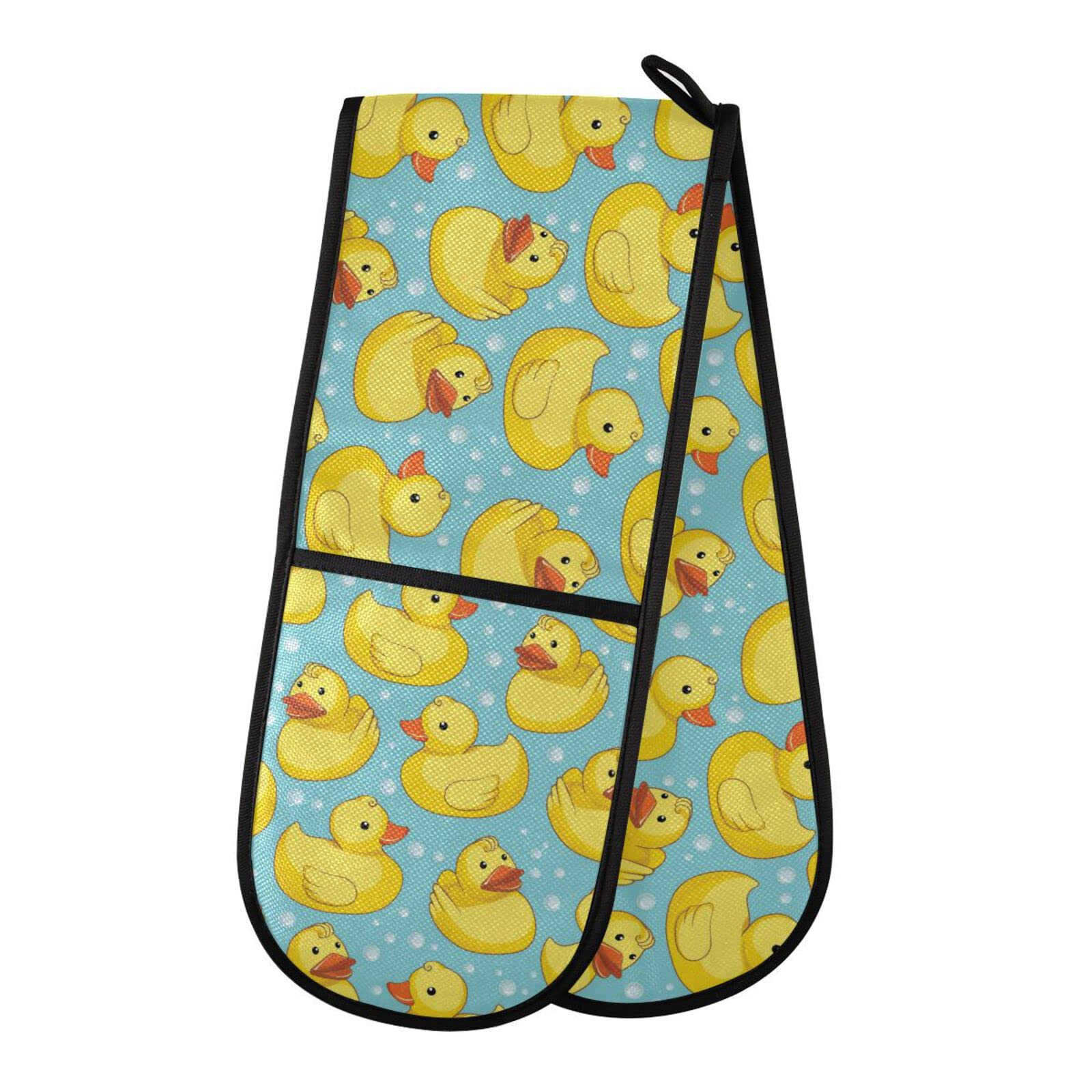 Double Oven Glove Cute Yellow Ducks Heat Resistant Double Ovens Mitt Modern Cooking Gloves Potholders