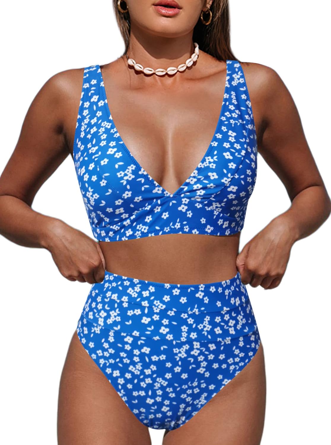 Hilinker Women's Leopard Bikini Swimsuits V Neck High Waisted 2 Piece Bathing Suits