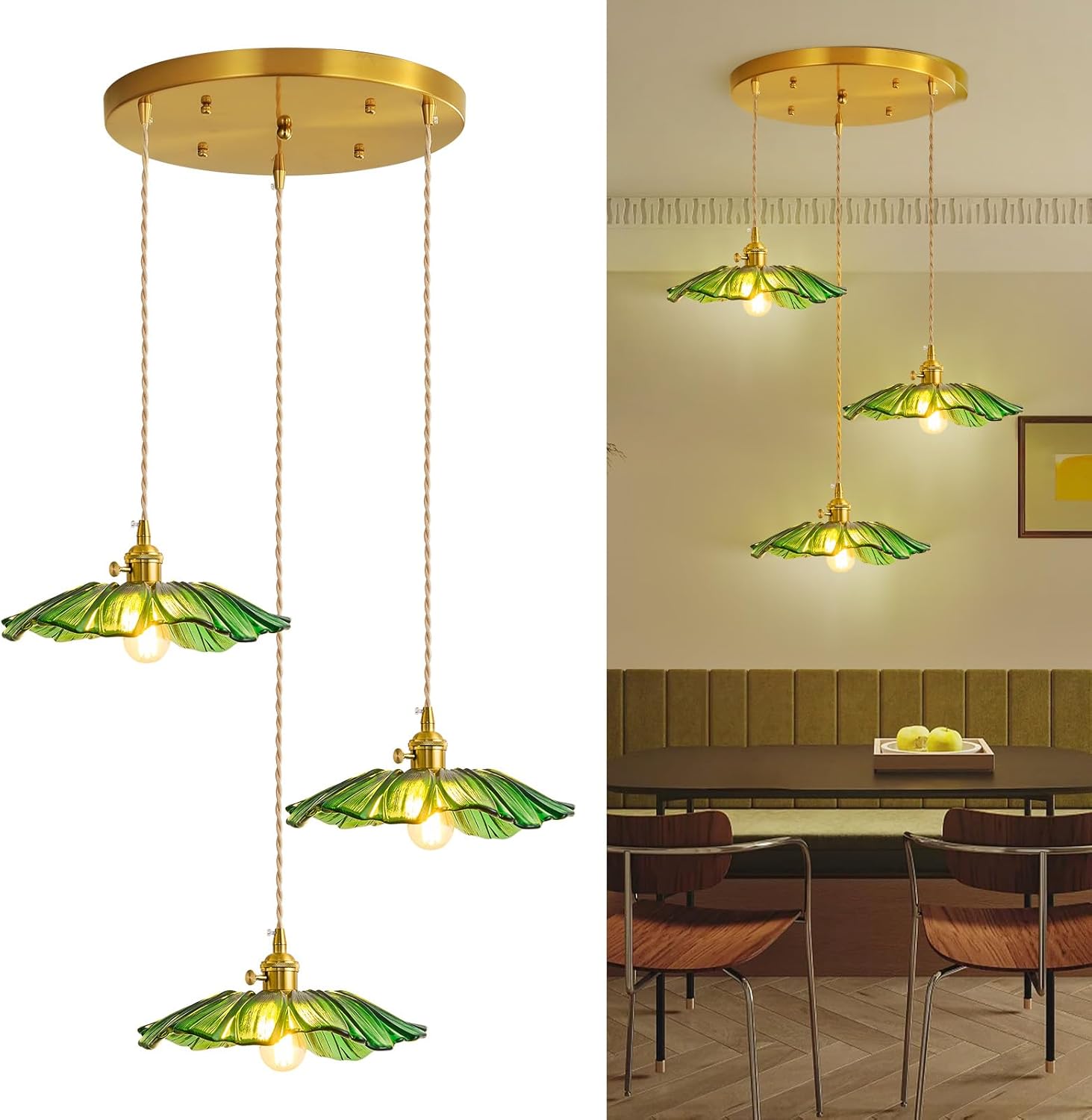 Pendant Light Fixture Green Glass Light Kitchen Island Lights Dining Room Light Fixture Chandelier Flower Three Lights for Bedroom Kitchen Hallway Green Sunflower(Bulbs Not Included)