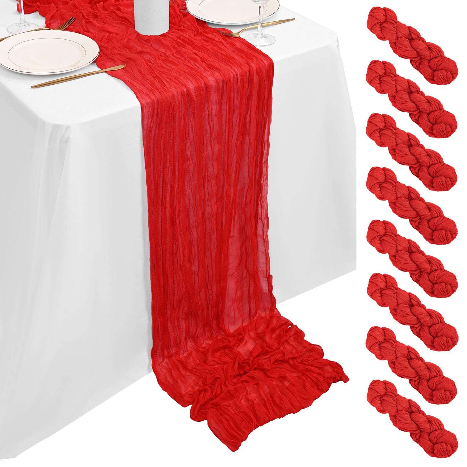 8 Pack Red Cheesecloth Table Runner, Extra Wide 90 x 300 cm