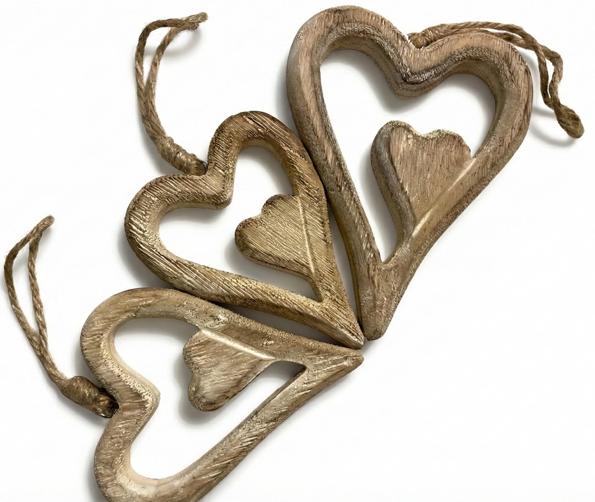 Wooden Hanging Heart Set of 3 - Shabby Decoration for Hanging with Jute String Wooden Hearts for Window, Door & Wall
