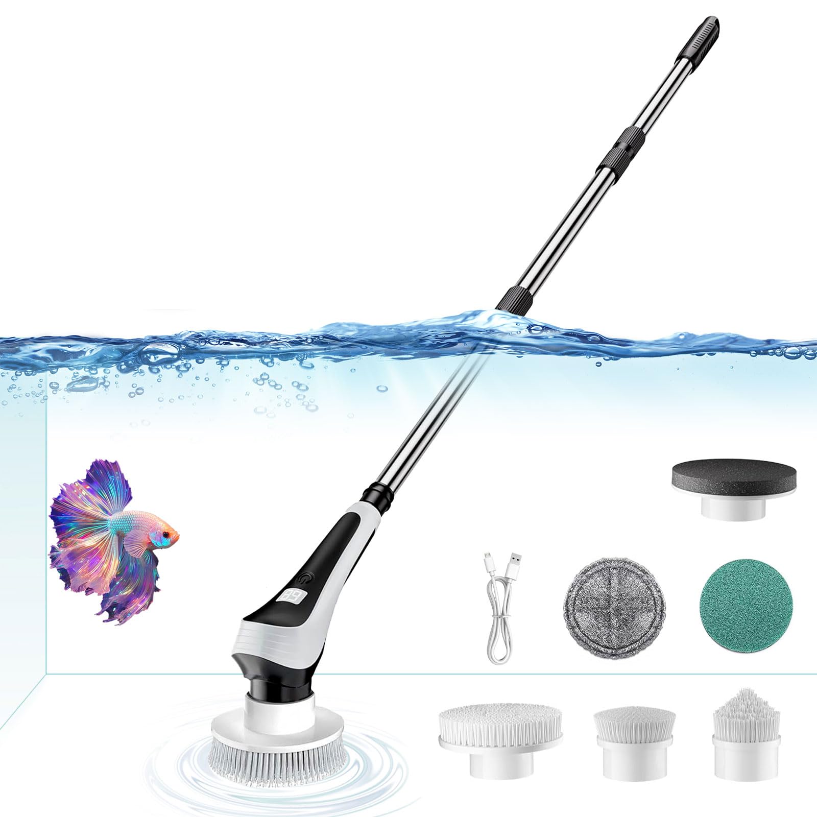 Nettoyeur électrique 6 en 1 pour Aquarium, Brosse de Nettoyage rotative étanche IPX8, Nettoyeur de Gravier et changeur d'eau, kit d'outils avec poignée réglable