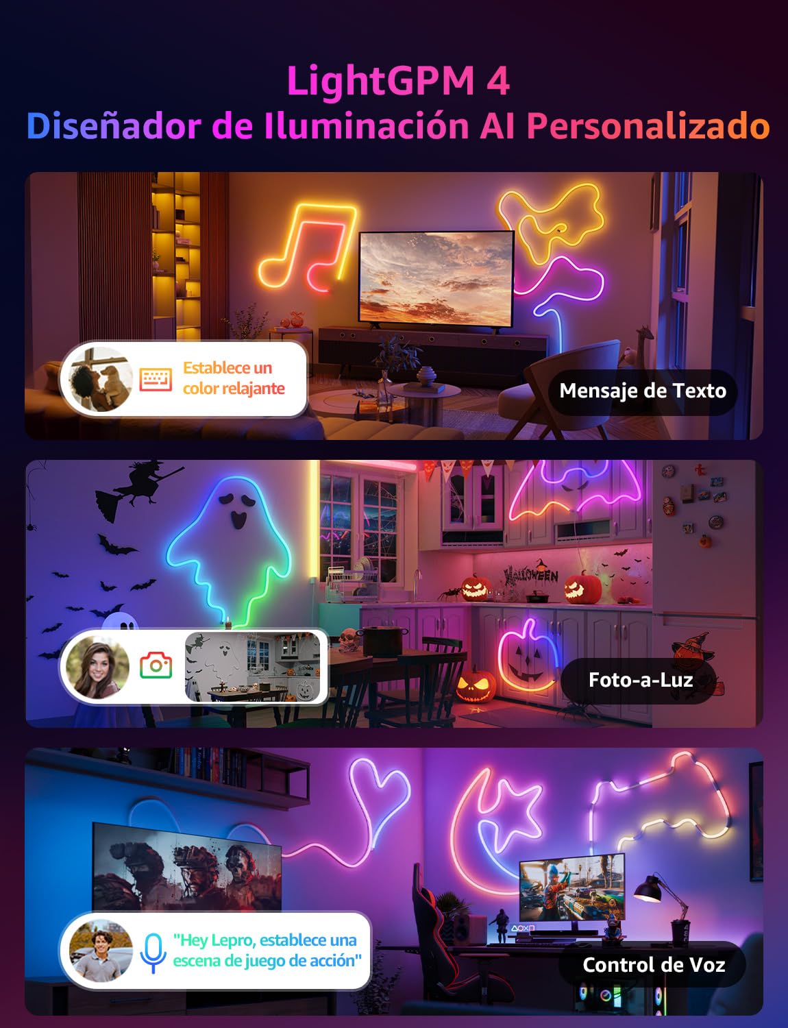 Lepro N1 AI Neon Tira LED 3 m, Diseñador de Iluminación AI Personalizado, Sync de Música y Control de Voz, IP65 Luces de Cuerda MagicColor, Funcion con Alexa y Google Home para DIY Dormitorio Fiesta