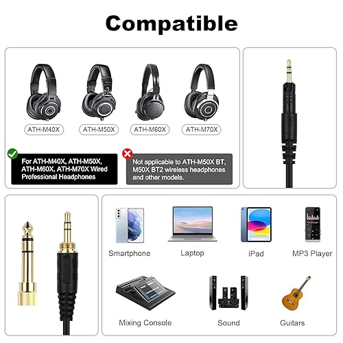 Miniatura 2 de Zosvoses Cable ATH M50X compatible con auriculares Audio Technica ATH-M50X, ATH-M40X, ATH-M60X, ATH-M70X, cable de audio en espiral con adaptador de