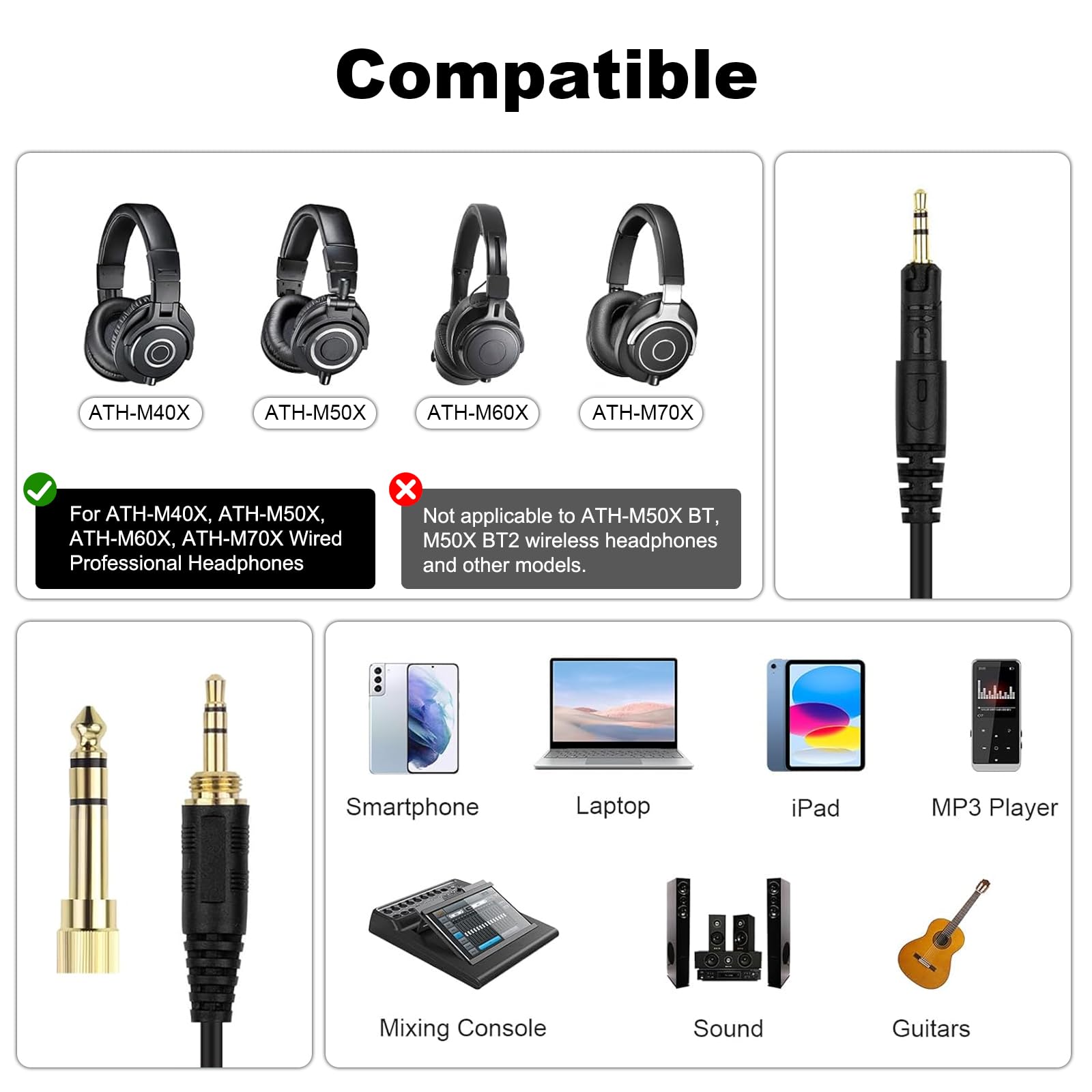 Zosvoses ATH M50X Cable Compatible with Audio Technica ATH-M50X, ATH-M40X, ATH-M60X, ATH-M70X Headphones, Coiled Audio Cable with 6.35mm Adapter, 5-10ft