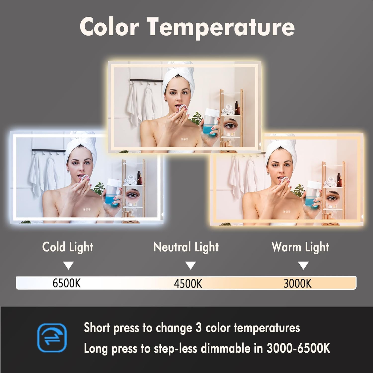 60 x 36 Inch Smart LED Bathroom Mirror，Dimmable Front + Backlit Illumination with Anti-Fog & Memory Function，Shatter-Resistant Design for Horizontal or Vertical Mounting