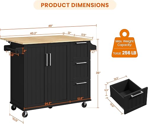 Miniatura 3 de Yaheetech Carrito de isla de cocina con hoja caída, barra de desayuno de cocina con 5 ruedas universales con gabinete de almacenamiento, parte Negro