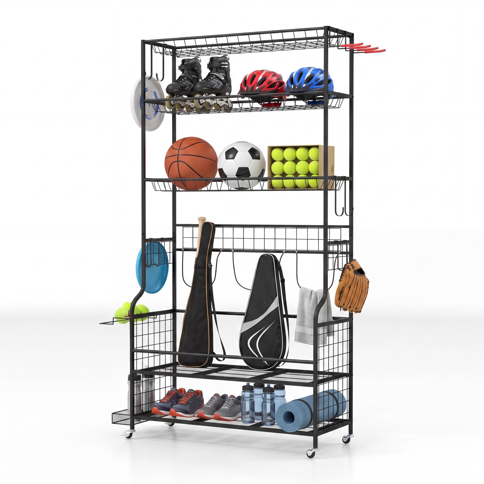 LIFEZEAL Organizzatore di attrezzature sportive, carrello di immagazzinaggio di palline con 4 ganci, 3 supporti per borse da golf, scaffalature di stoccaggio, rotella a 360°, per riporre giocattoli