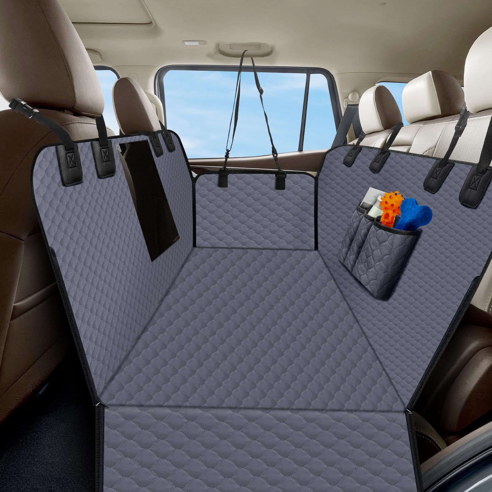 ZRRAJOY Dog Car Seat Cover for Back Seat, Waterproof Protector with Side Flaps, Scratchproof Hammock, Non-Slip Bottom for Cars/Trucks/SUVs (Grey)