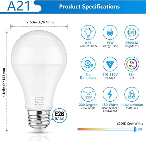 Miniatura 2 de Maylaywood Bombillas LED A21, bombilla LED equivalente a 150 W, blanco frío 6000 K, 2600 lúmenes, base estándar E26, no regulable, bombilla LED