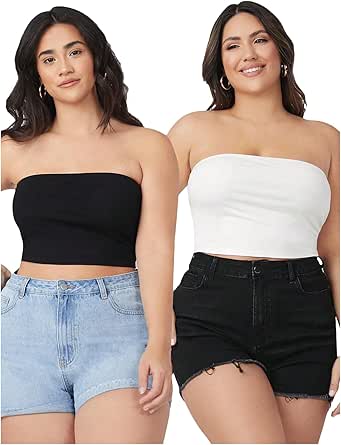 MakeMeChic Women's Plus Size 2 Pack Basic Bandeau Sleeveless Strapless Crop Tube Top