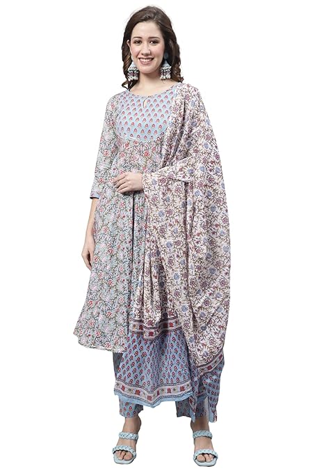 Women's Pure Cambric Cotton Jaipuri Floral Printed Anarkali Kurta Set with Dupatta (Ready to Wear; Blue)