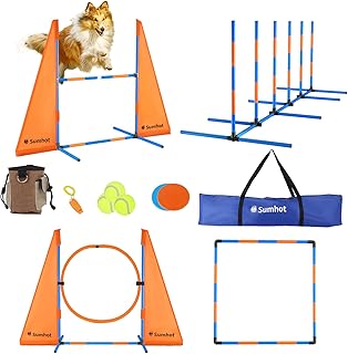 Dog Agility Training Equipment, Puppy Obstacle Course Backyard Kit for Dog Training, Indoor&Outdoor Dog Agility Equipment with Wave Poles, Adjustable Hurdles, Jump Ring, Pause Box, Dog Toys, Bags
