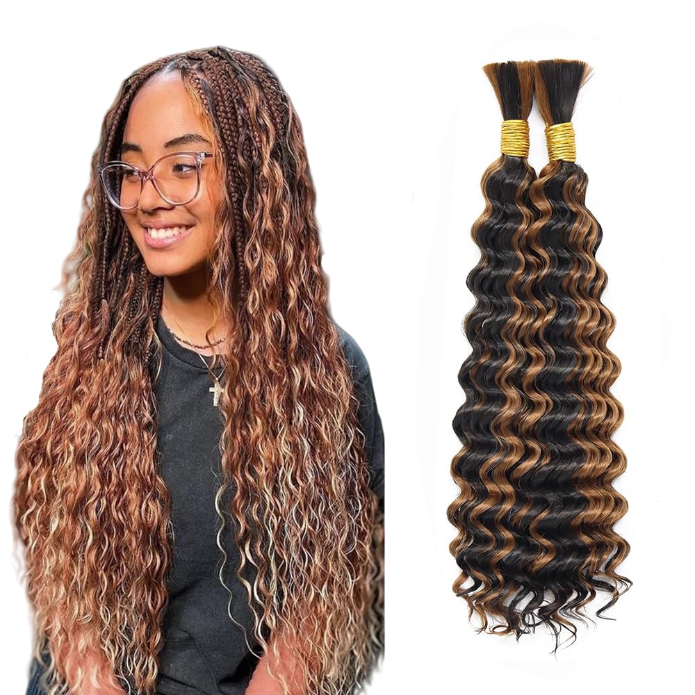 Evaxilc Deep Wave Bulk hair For Braiding 2 Bundles/Pack p4/30 Highlight Brown Color Brazilian Virgin No Weft No Smell For Braiding Wavy Human Hair Extensions 30 Inch