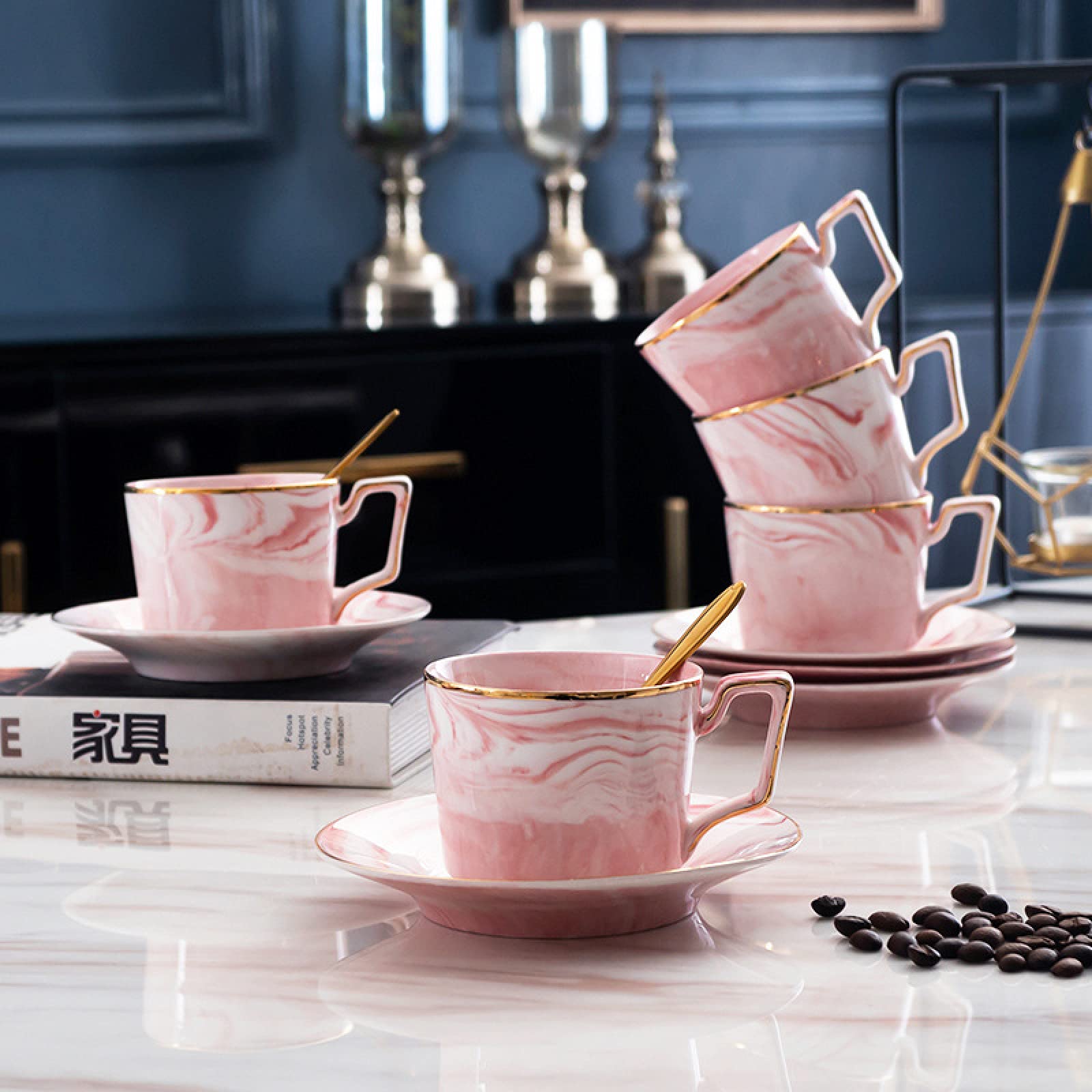 21 szt. Porcelanowe zestawy do herbaty dla dorosłych marmurowy wzór zestaw zakrętek i spodków kawy serwis herbaciany z cukiernicą, dzbankiem na mleko, łyżkami(Grey)