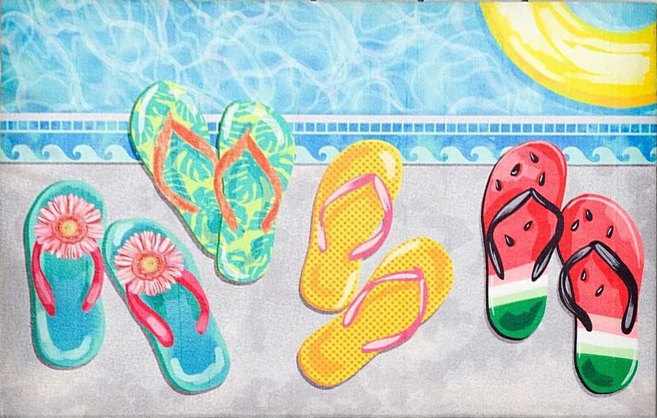 Front Door Mat Funny Poolside Flip Flops Indoor Outdoor Area Mat Multi Welcome Mats for Front Door Doormat Non Slip Mat for Porch Home Indoor Funny