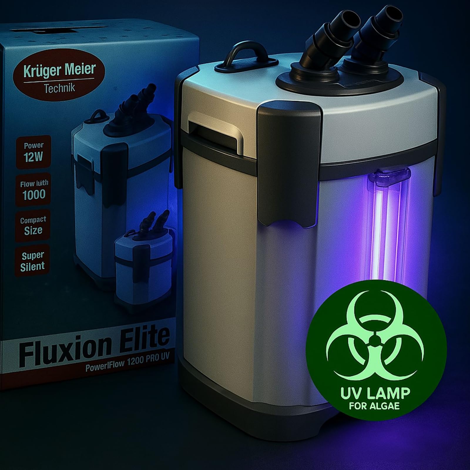 Fluxion Elite 1000 UVC PRO Außenfilter für Aquarium 80–180L, mit 7W UV-Klärer, 2 Filterkörben, regulierbarem Durchfluss, leiser Aquarienfilter