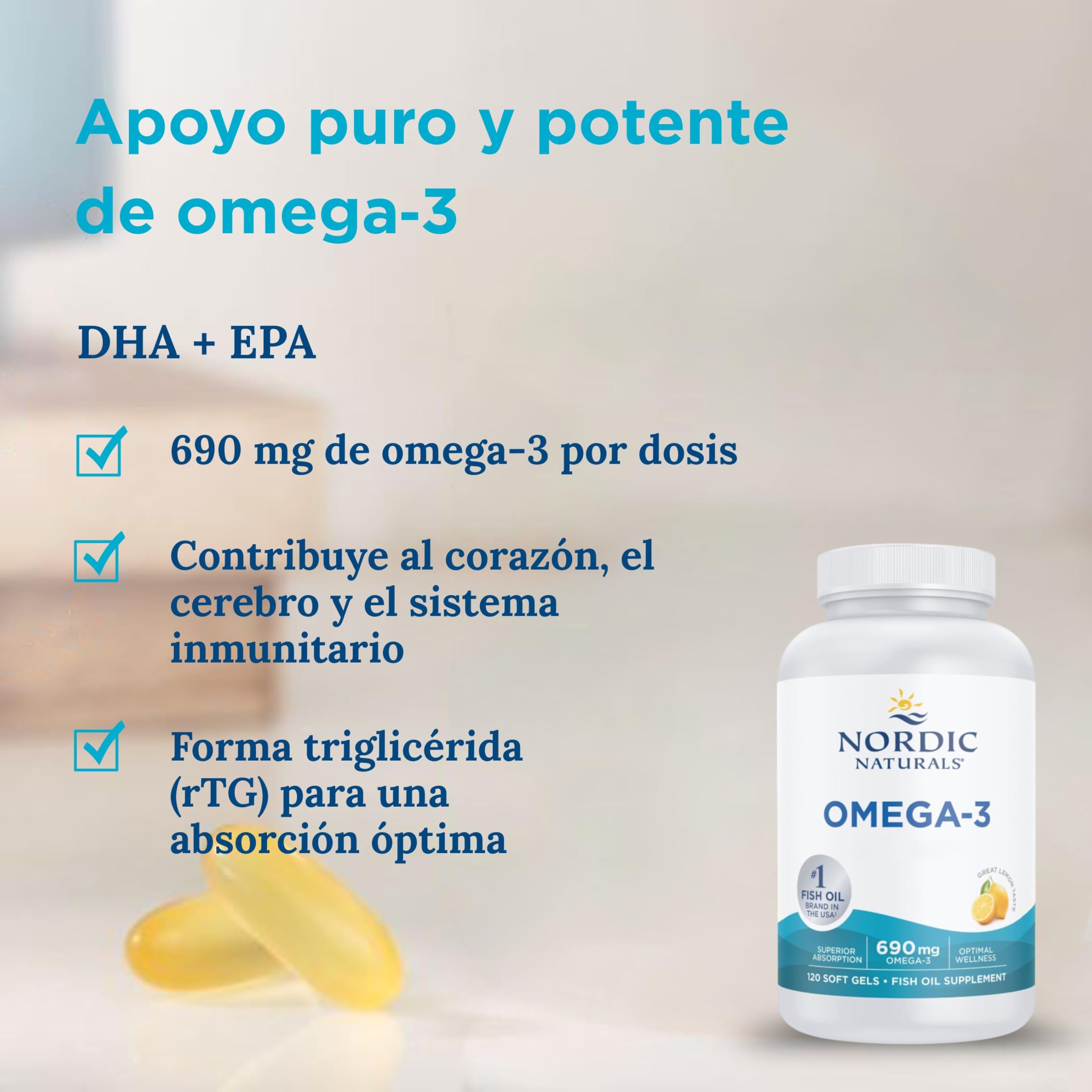 Nordic Naturals Omega 3 690 mg, cápsulas de Omega-3 de alta concentración con aceite de pescado y EPA y DHA, sabor limón, 120 cápsulas blandas, sin soja, sin gluten