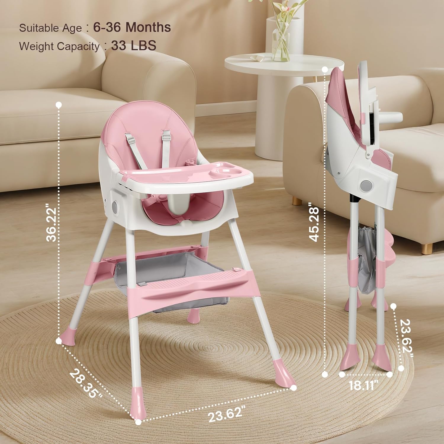 Image showing the Ktaxon high chair with detailed dimensions: 36.22 inches height, 28.35 inches depth, 23.62 inches width, and folded dimensions of 45.28 inches height, 23.62 inches width, 18.11 inches depth.