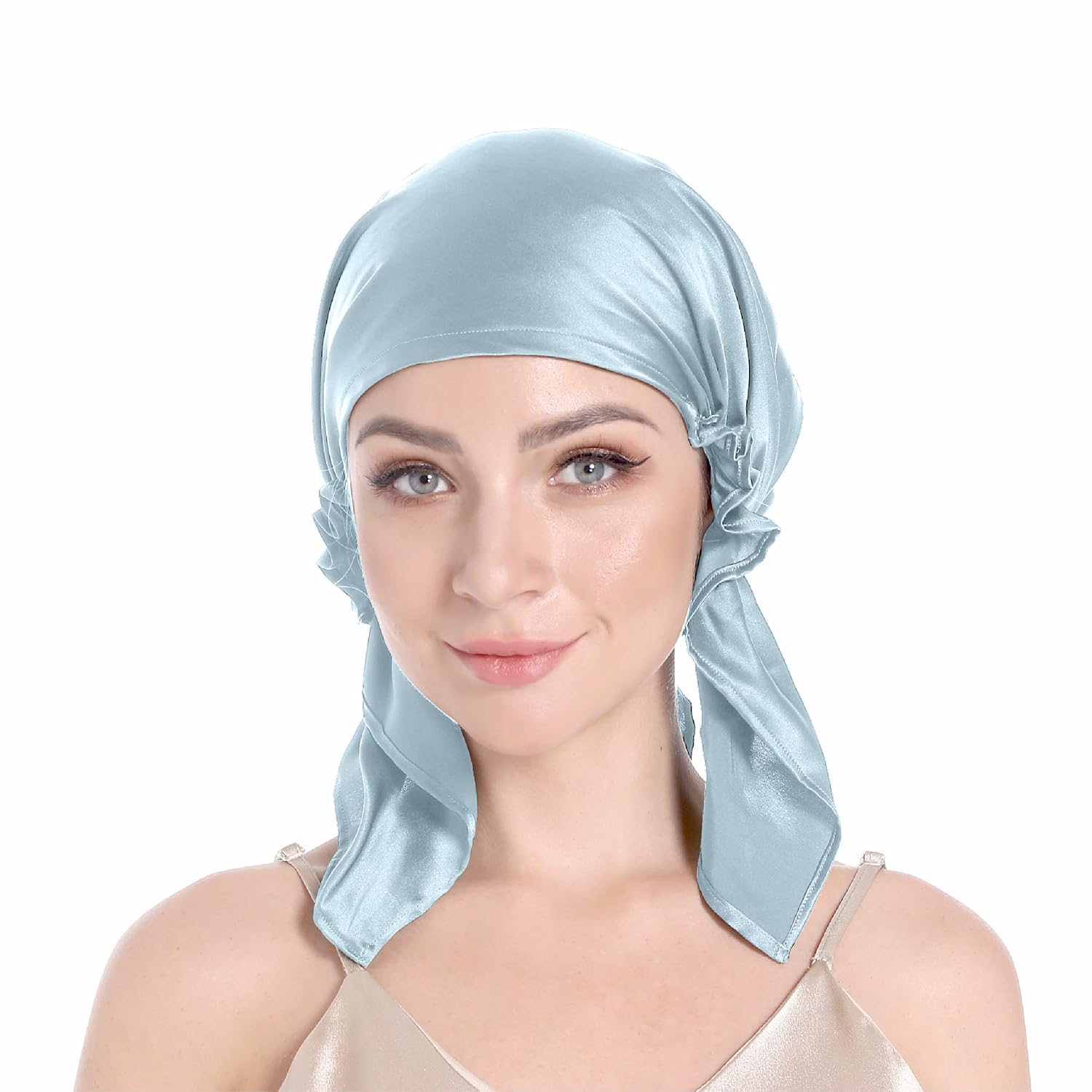 SissiLita 100% Silk Bonnet for Sleeping, Mulberry Silk Sleep Cap with Tie Band for Curly Hair Care (Blue)