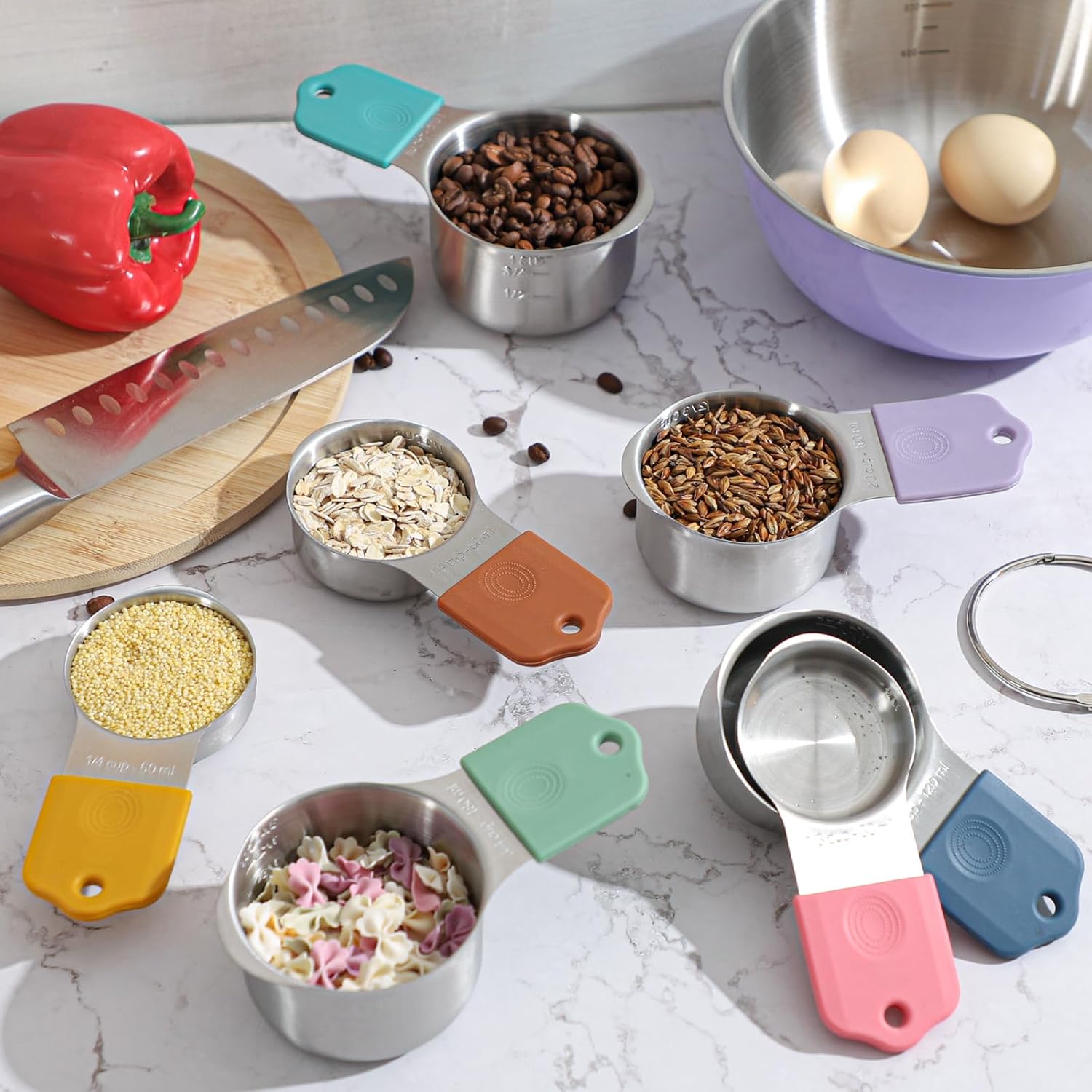 Magnetic Measuring Cups Set Includes 7 Stainless Steel Magnetic Measuring Cups and 3 Mixing Bowls with Wooden Lids Kitchen Measuring Tools for Cooking or Baking