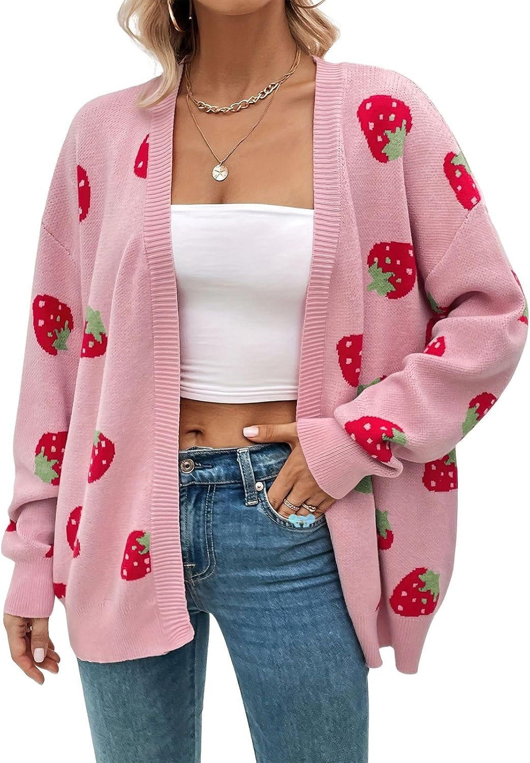 ebossy Women's Strawberry Sweaters Cartoon Kwaii Knit Long Sleeve Open Front Loose Slouchy Cardigan Outwear