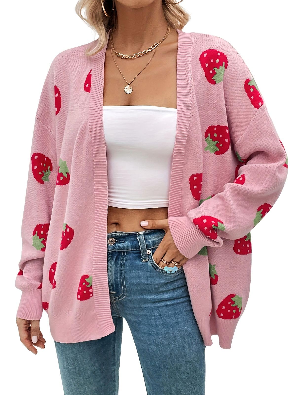 ebossy Womens Strawberry Sweaters Cartoon Kwaii Knit Long Sleeve Open Front Loose Slouchy Cardigan Outwear