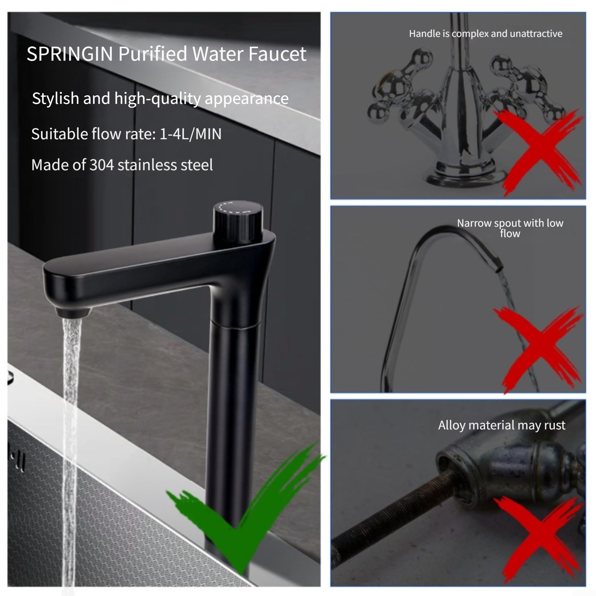 para grifo Aireador para acero Inoxidable para Doble Salida para Purificador de Agua Ósmosis Inversa Cocina Encimera Negro(Gray Single Deluxe)