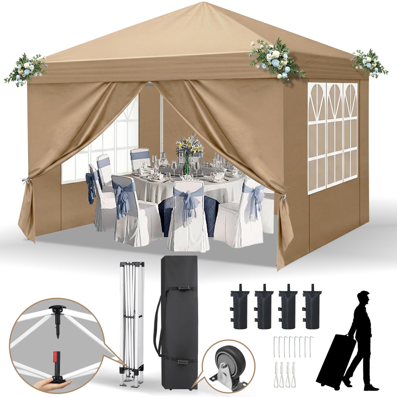 LEADZM Pavillon 3x3 m,Pop-Up Faltpavillon One-Touch, Metallrahmen,Wasserdicht UV-Schutz 50+ Stabil, Höhenverstellbar,Gartenzelt Partyzelt mit 4 Seitenteilen für Camping,Party,Khaki