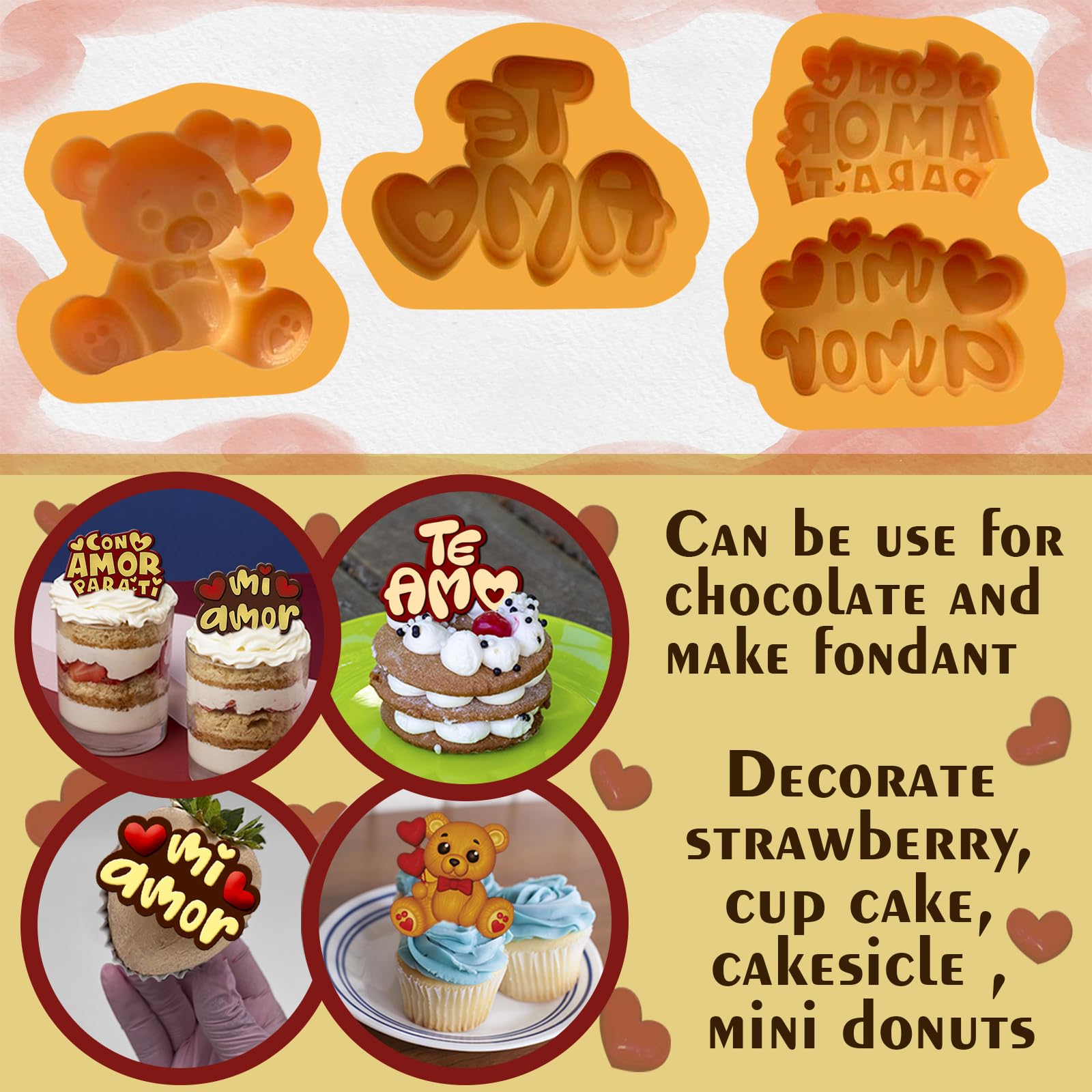 3 moldes de silicona románticos con frases en español, moldes de fondant con tamaño perfecto para fresas cubiertas de chocolate, cupcakes, fondant y pequeños dulces.