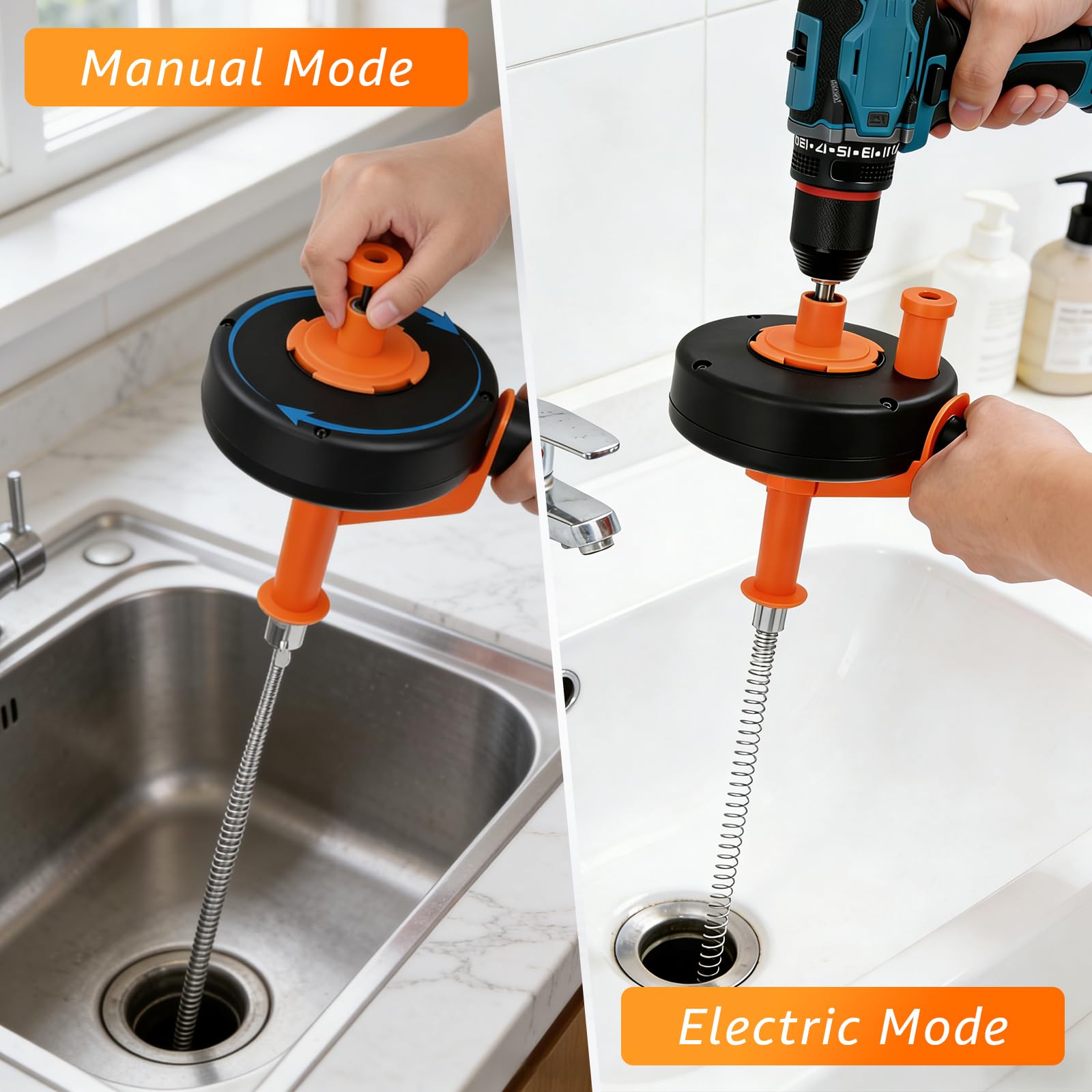 Espiral de limpieza de tuberías con accesorio de perforación de 13 m | Serpentín para Desatascos Ecológico, Ideal para Cocina y Baño – Cable de Acero al Manganeso, Empuñadura Antivibración