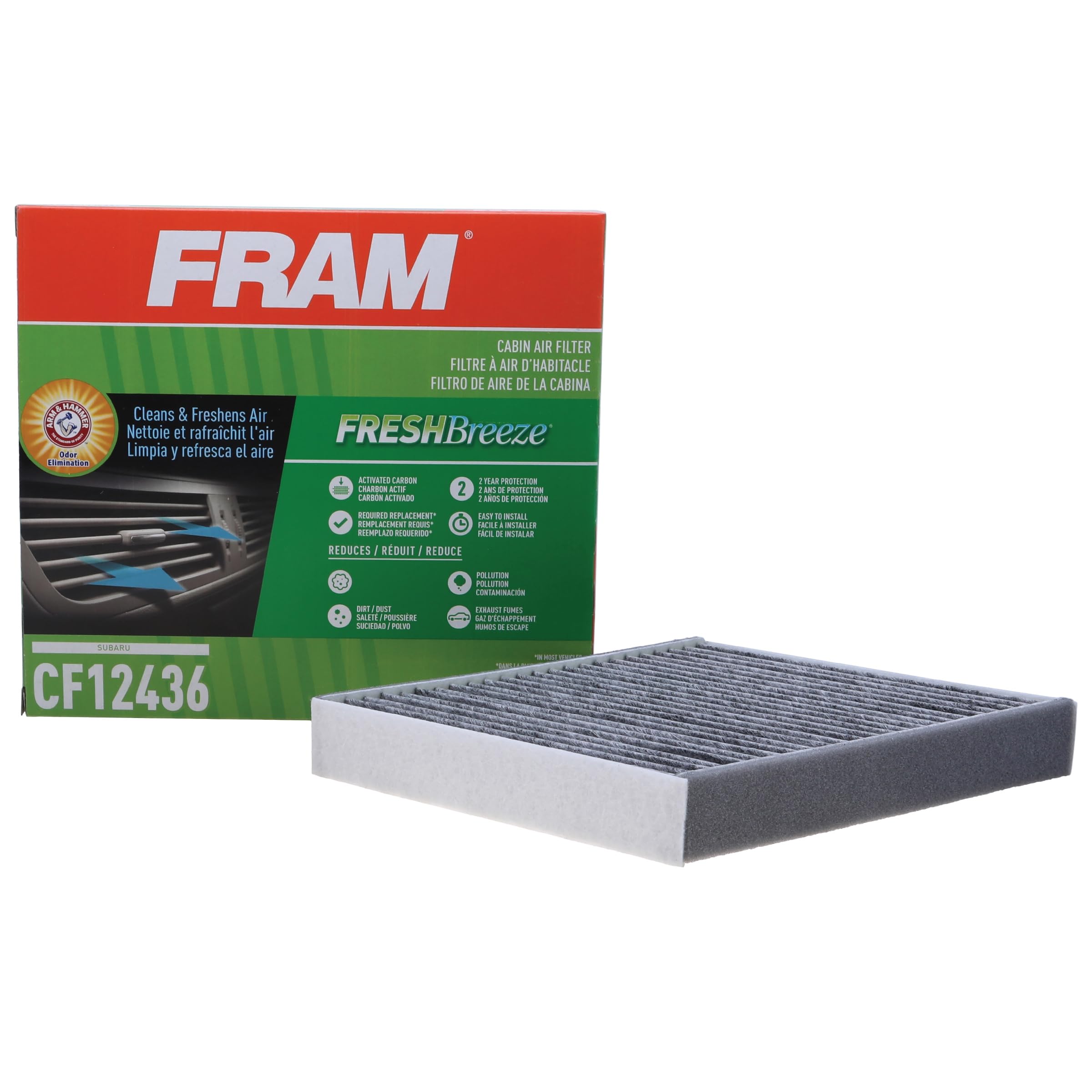 FRAM Fresh Breeze Cabin Air Filter Replacement with Arm & Hammer Baking Soda and Activated Carbon, CF12436, 2 Year Protection, Easy Install, Fits Select Subaru Models