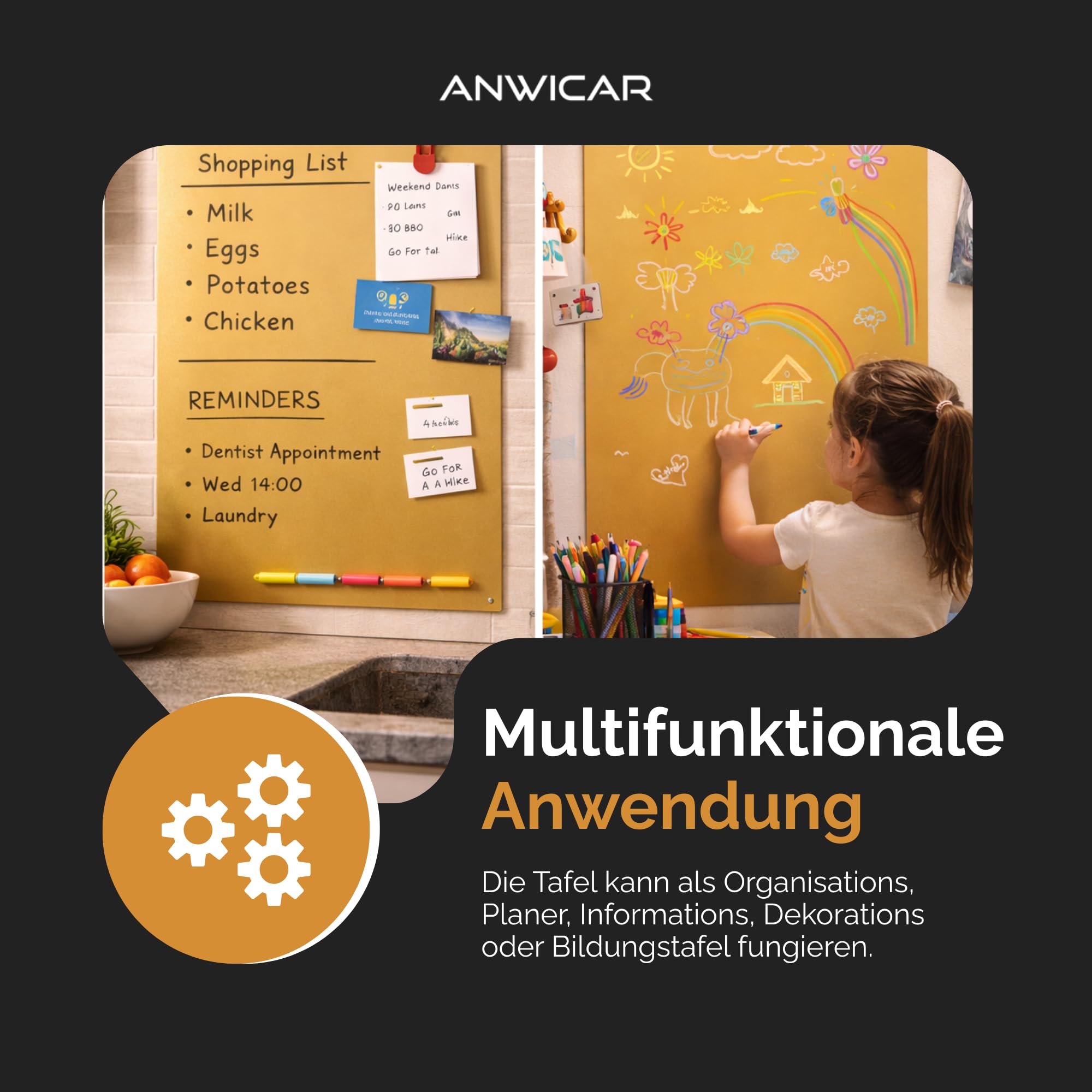 Magnettafel für Erinnerungen Schwarz 87x49 cm | Magnetisches Stahlboard für Magnete, Fotos und Notizen, Beschreibbar, Montageset inklusive