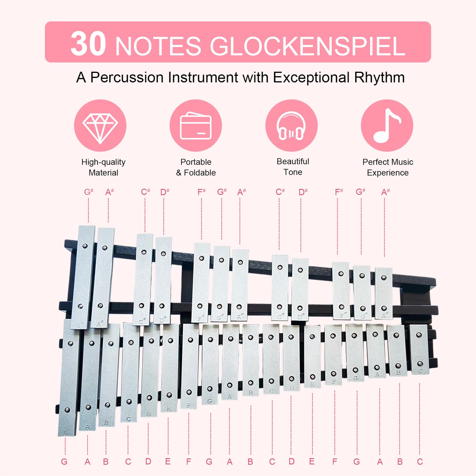 Zestaw dzwonków ksylofonowych, składany ksylofonowy instrument perkusyjny z 4 młotkami, paskiem na ramię i torbą do przenoszenia, profesjonalny zestaw instrumentów perkusyjnych dla dorosłych i