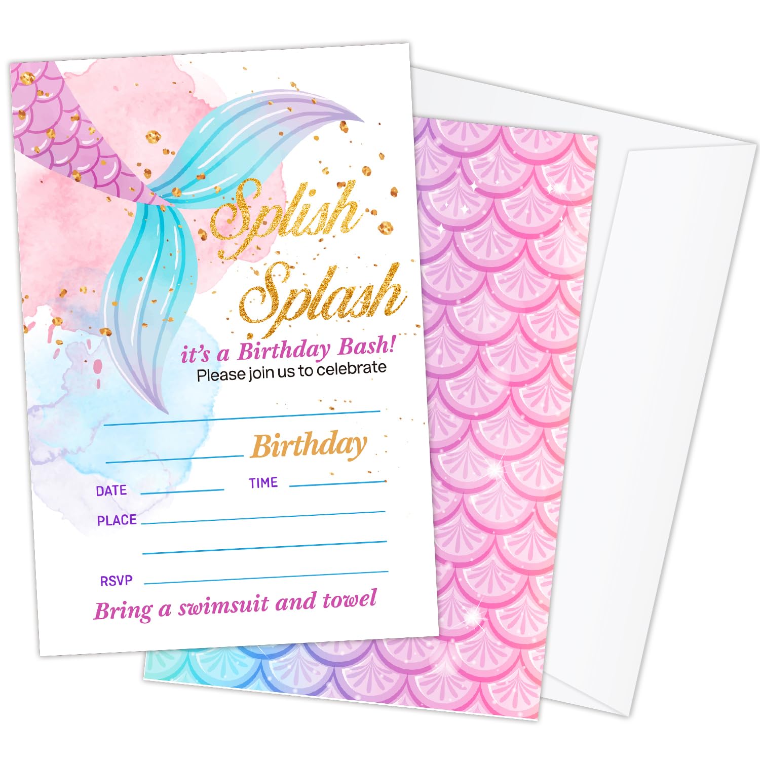 Splish Splash Party Invitation for Girls Boys, Mermaid Party Invites Birthday Party Invitation Cards Party Celebration for Teens, 20 Cards With 20 Envelopes -08