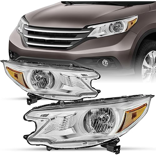 SOCKIR-For 2012 2013 2014 Honda CR-V [Halogen Type] OEM Headlight Headlamp Assembly Replacement Pair Set (Chrome Housing & Amber Reflector)