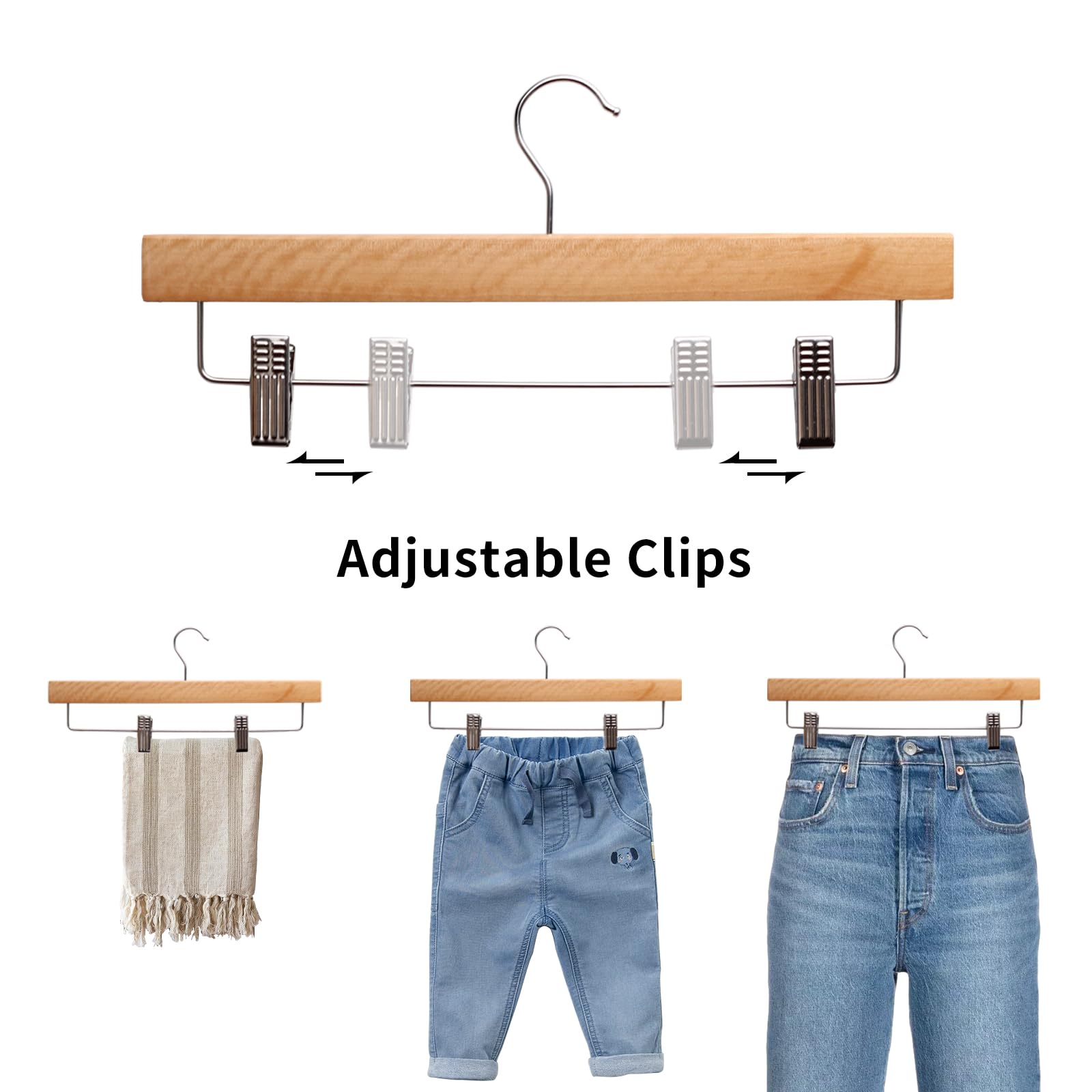Grucce per pantaloni in legno naturale da 35,5 cm, con clip antiscivolo regolabili, confezione da 20 grucce salvaspazio in legno per gonne, pantaloni e pantaloni, gancio girevole a 360°