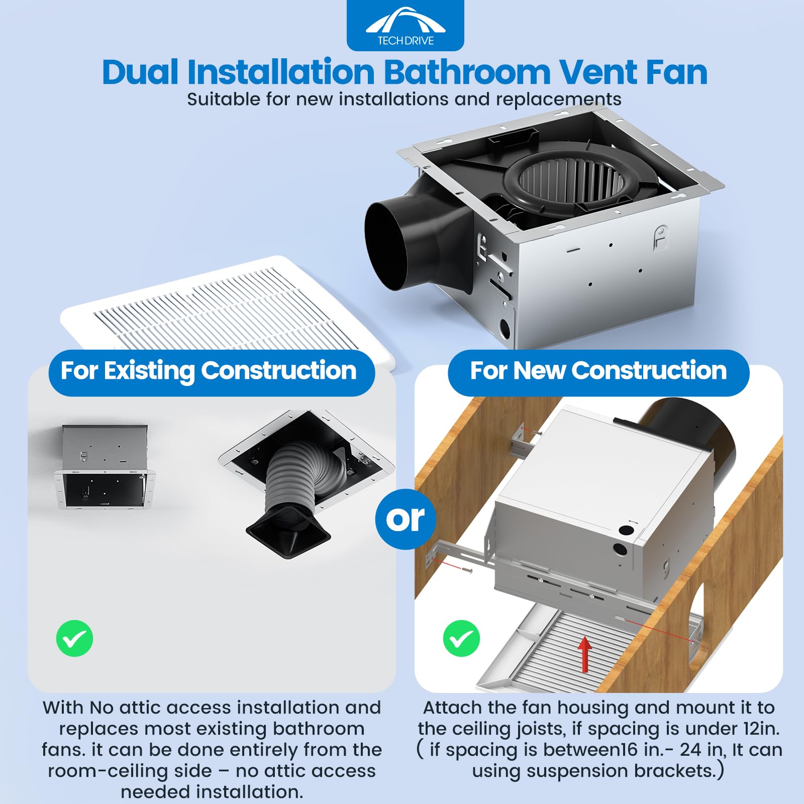 Tech Drive Ventilatore da bagno 110 CFM, 1.2Sone Nessun accesso alla soffitta Necessario Installazione, Ventilazione del bagno molto silenziosa e ventilatore di scarico, Ventilatore montato a