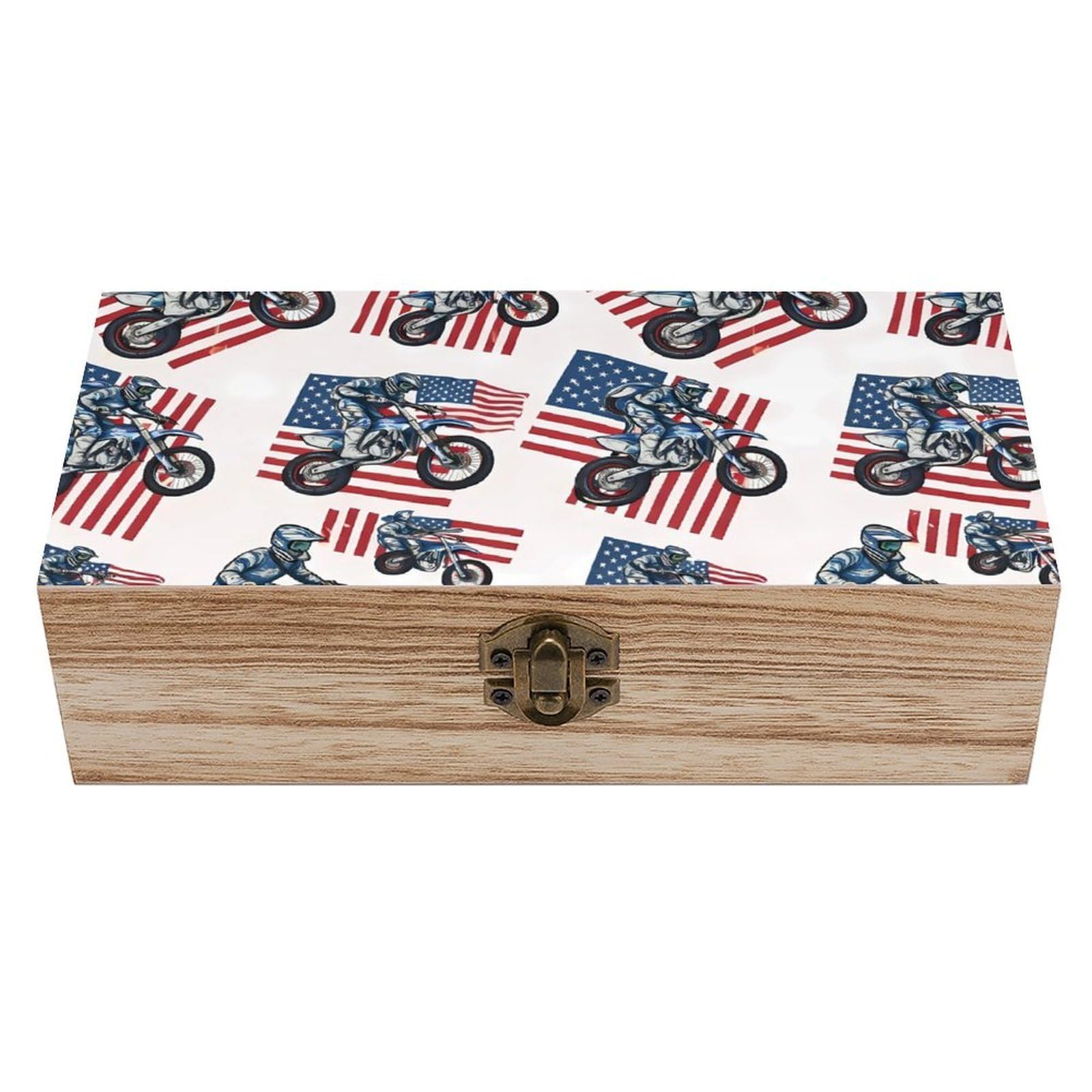 SMAZDFXX Dirt Bike Motocross American Flag Wooden Storage Box With Hinged Lid Decorative Front Clasp Keepsake Boxes